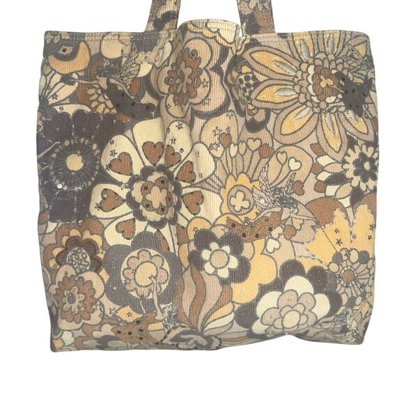 Vintage GAP Corduroy Floral Tote Bag 2005 Fall Retro 70s Boho Y2K Brown Tan - Picture 2 of 10
